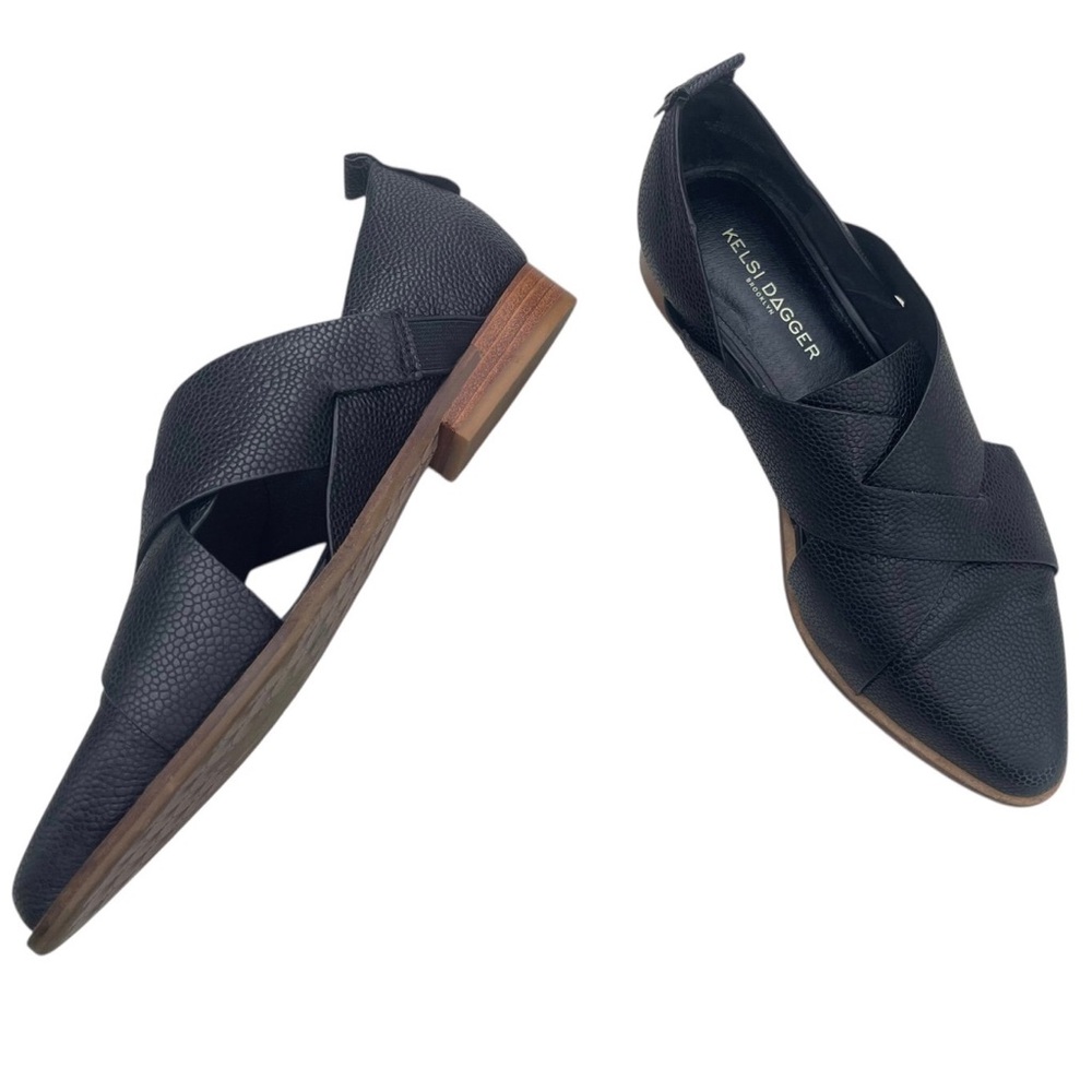 Kelsi Dagger Black Textured Leather Cross-Strap Flats